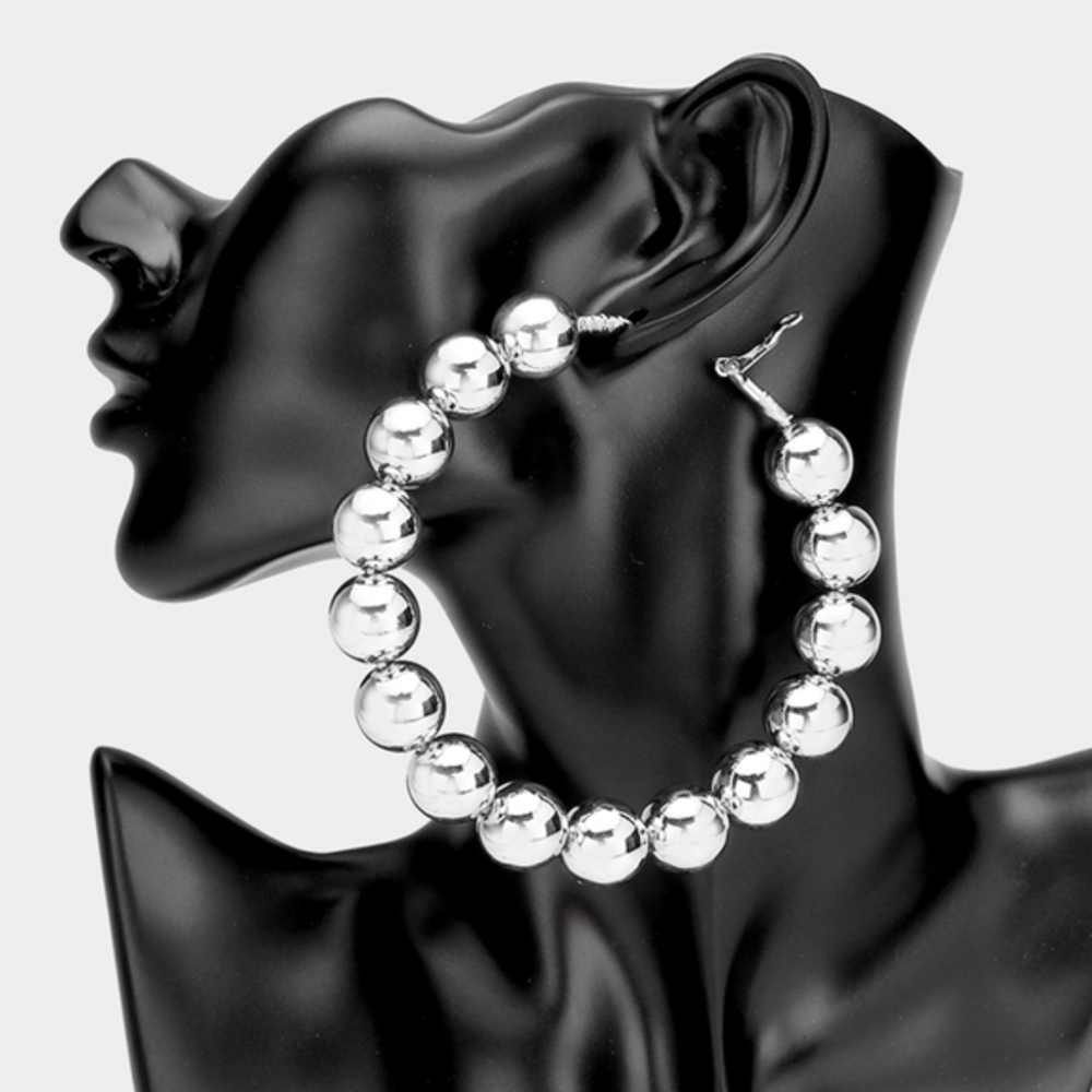 Large Silver Ball Metal Hoop Earrings 3.5" Beaded Jewelry Big Oversized Round